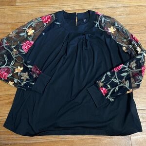 Shein Black Sheer Lace Floral Embroidered Sleeve Top size 2XL